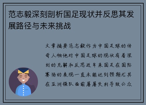 范志毅深刻剖析国足现状并反思其发展路径与未来挑战